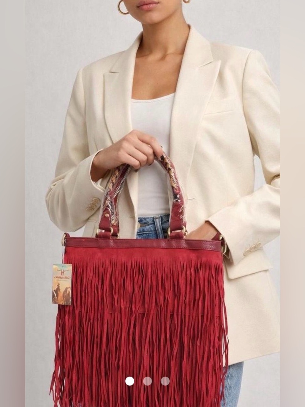 HERITAGE WEST Fringed Red Crossbody Bag with Wrapped Handles